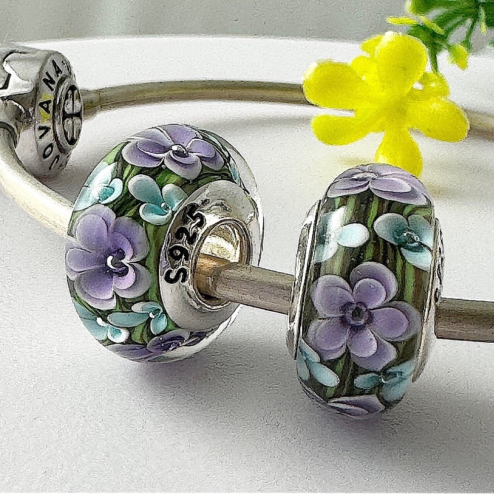 2 Charms for Pandora lavender flower Murano 925 sterling silver cores